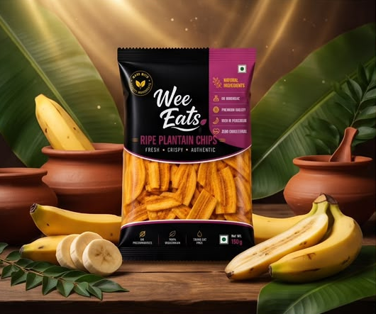 Wee Eats Ripe Plantain Chips pack with fresh Kerala bananas and banana leaves